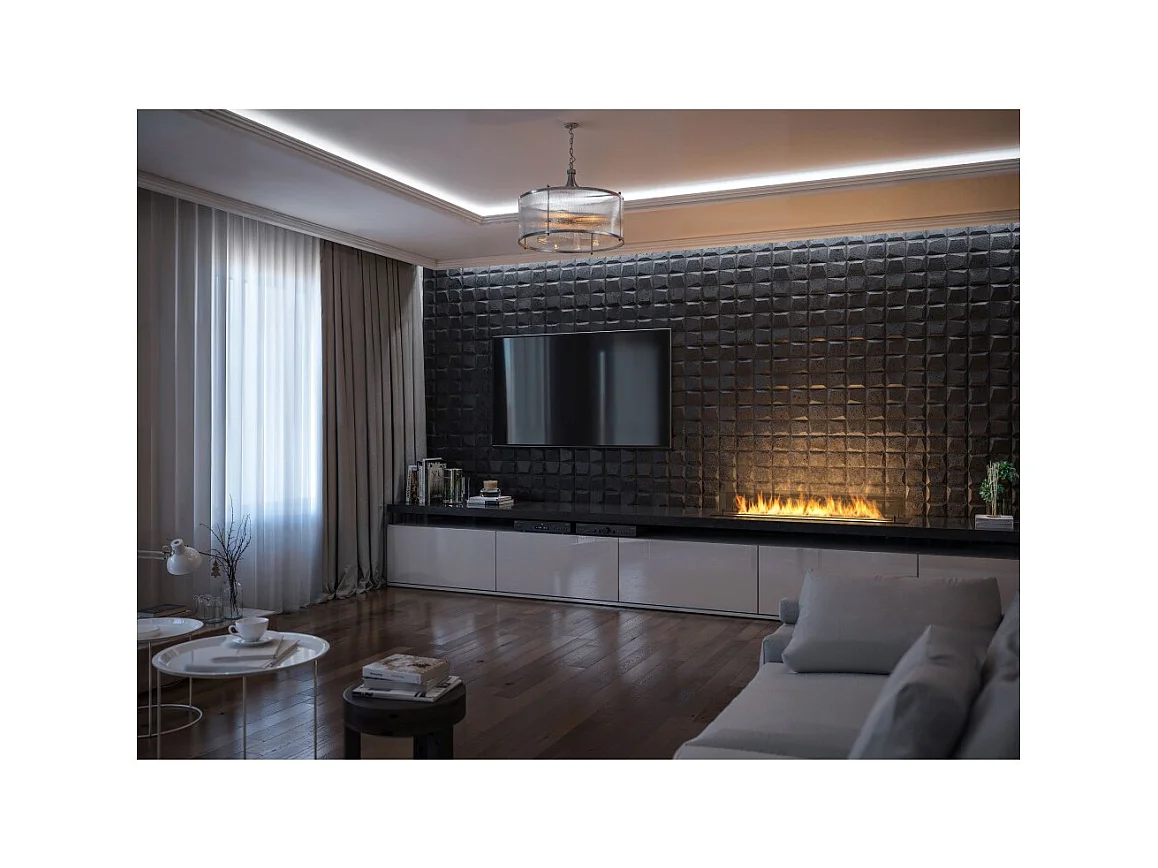 Cheminée bioéthanol Insert Black 1200 - Cheminée fine noire à encastrer ou poser avec 2 panneaux verre, réservoir 3L - 120 cm