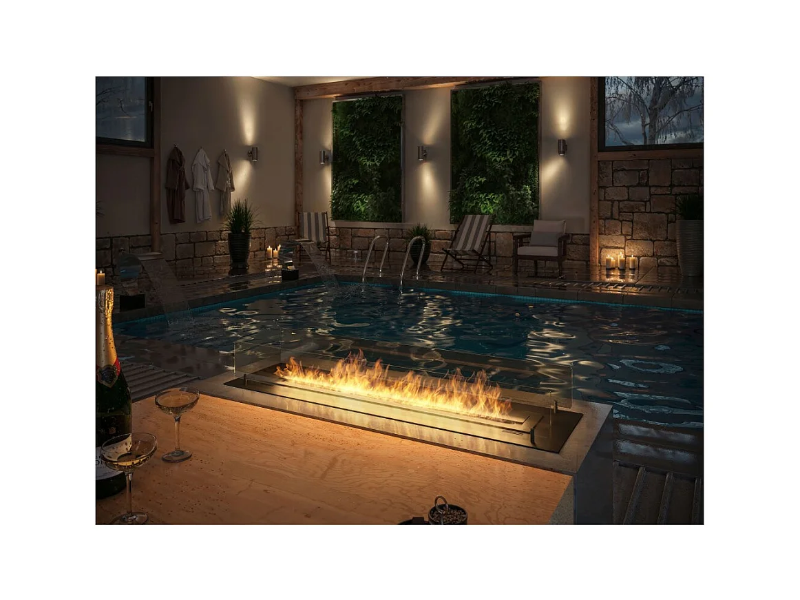 Cheminée bioéthanol Insert Black 1200 - Cheminée fine noire à encastrer ou poser avec 2 panneaux verre, réservoir 3L - 120 cm