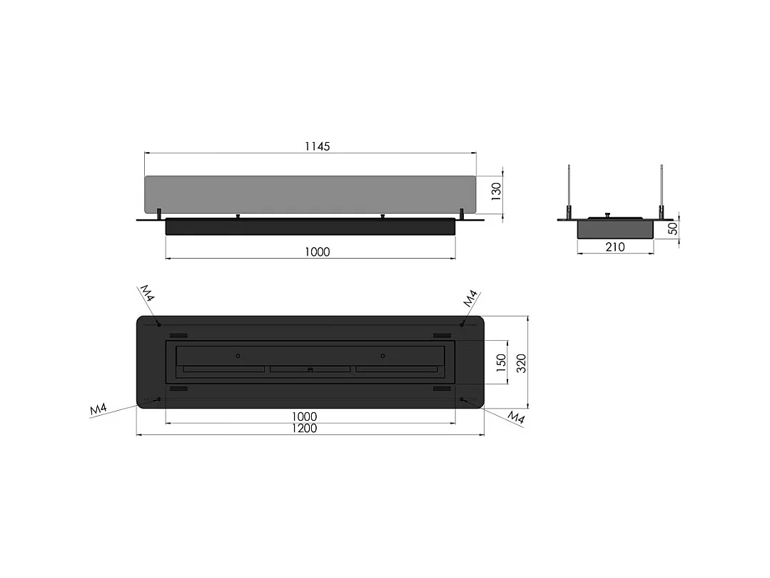 Cheminée bioéthanol Insert Black 1200 - Cheminée fine noire à encastrer ou poser avec 2 panneaux verre, réservoir 3L - 120 cm