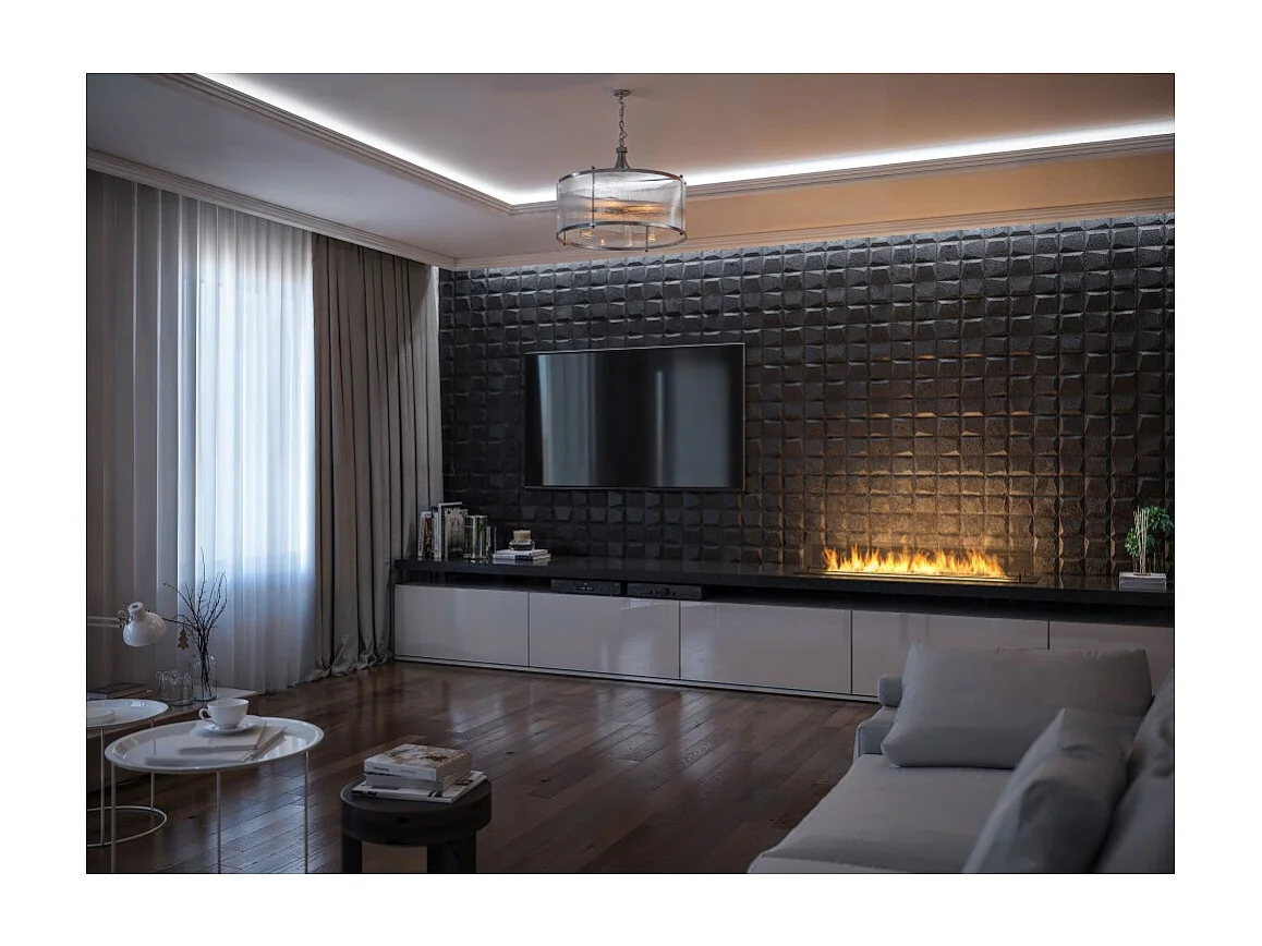 Cheminée bioéthanol Insert Black 1200 - Cheminée fine noire à encastrer ou poser avec 2 panneaux verre, réservoir 3L - 120 cm