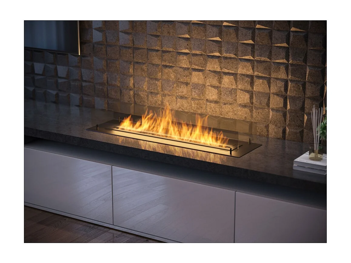 Cheminée bioéthanol Insert Black 1200 - Cheminée fine noire à encastrer ou poser avec 2 panneaux verre, réservoir 3L - 120 cm