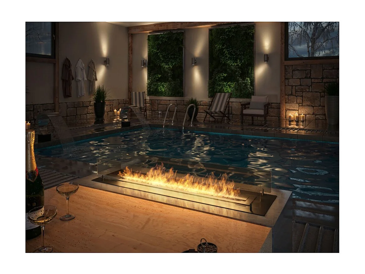 Cheminée bioéthanol Insert Black 1200 - Cheminée fine noire à encastrer ou poser avec 2 panneaux verre, réservoir 3L - 120 cm