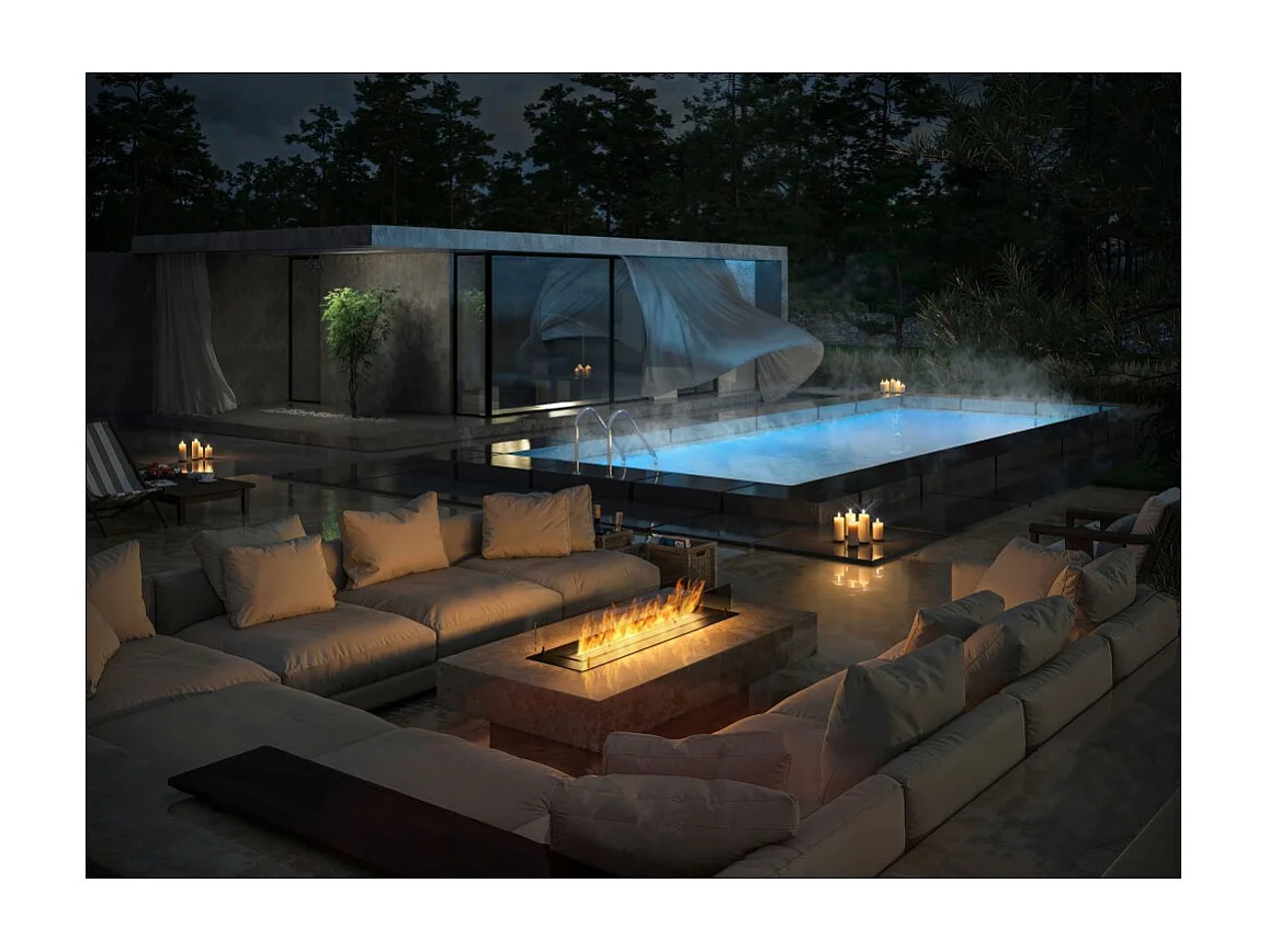 Cheminée bioéthanol Insert Black 1200 - Cheminée fine noire à encastrer ou poser avec 2 panneaux verre, réservoir 3L - 120 cm