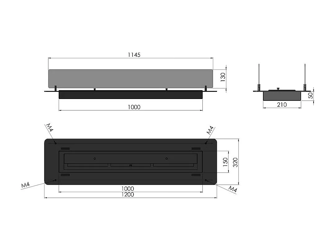 Cheminée bioéthanol Insert Black 1200 - Cheminée fine noire à encastrer ou poser avec 2 panneaux verre, réservoir 3L - 120 cm