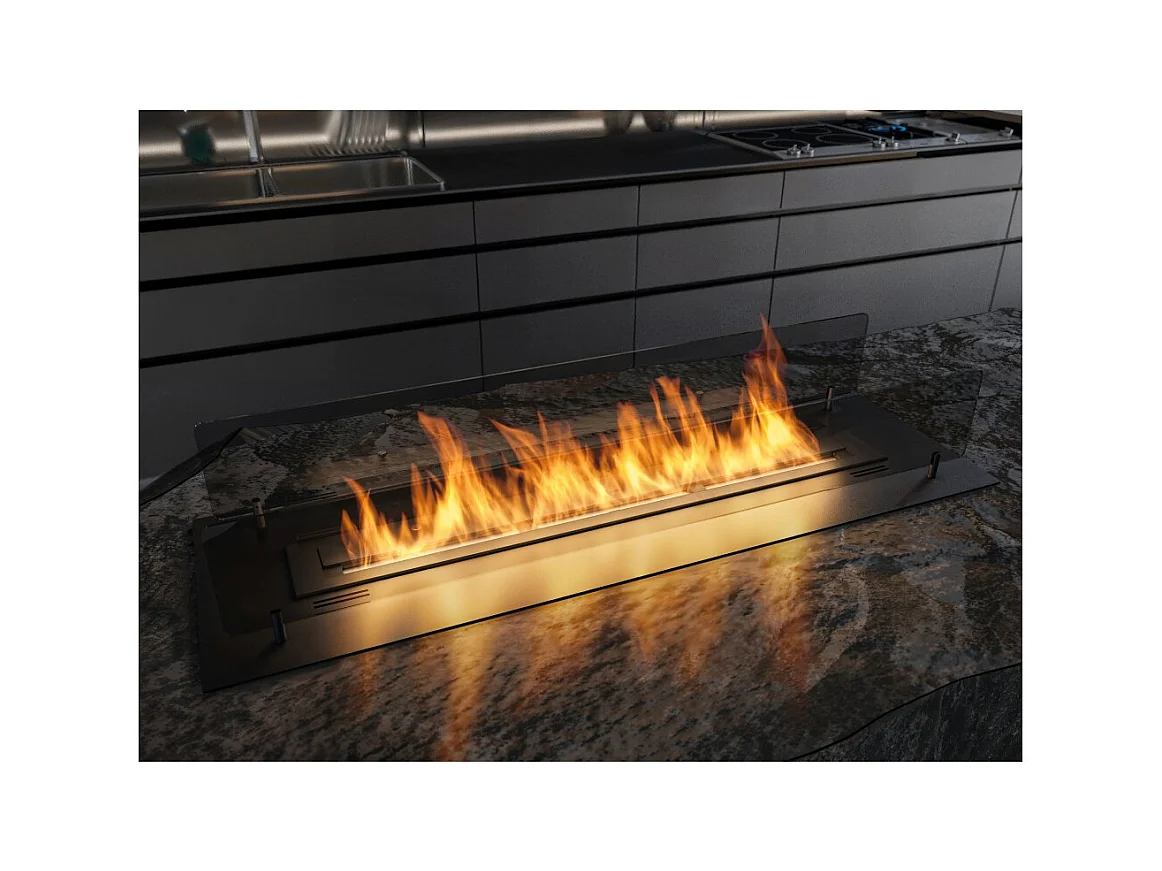 Cheminée bioéthanol noire mince à encastrer ou à poser Insert Black 1000 avec deux panneaux vitrés et réservoir de 2 L - 100 cm