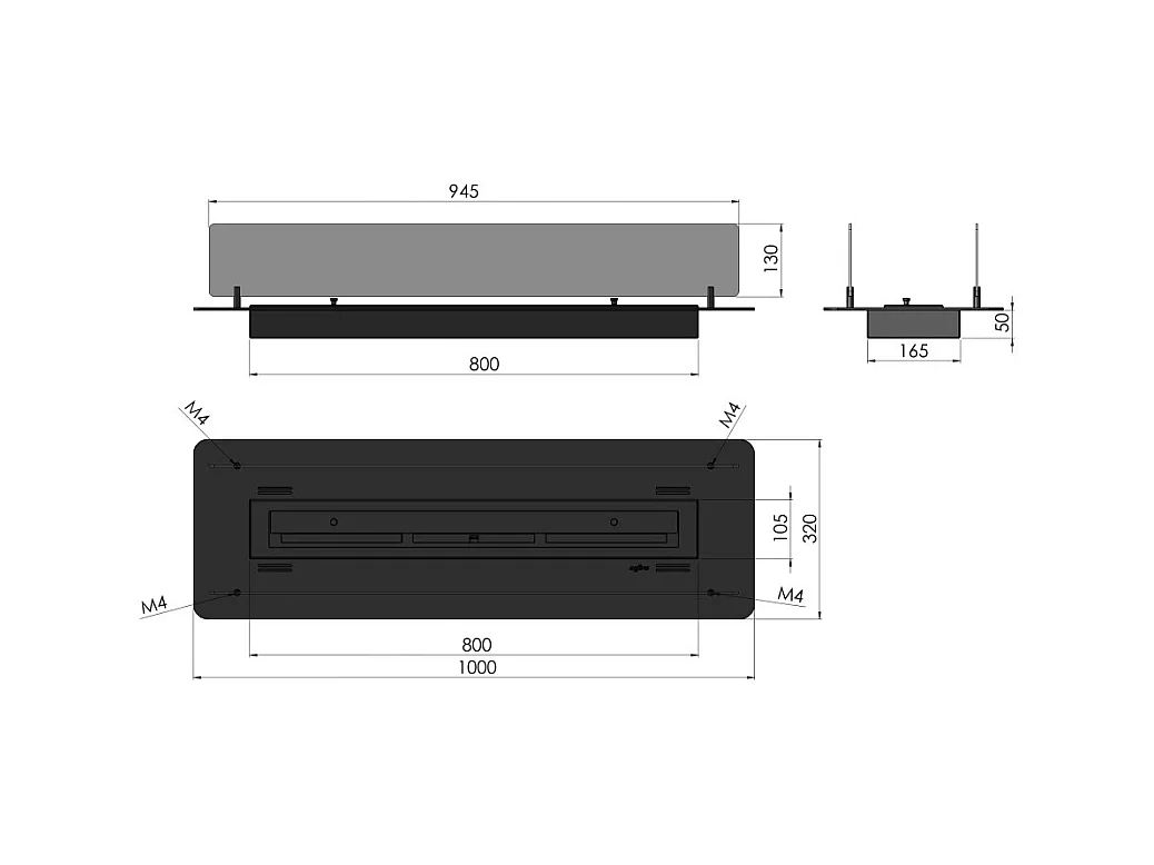 Cheminée bioéthanol noire mince à encastrer ou à poser Insert Black 1000 avec deux panneaux vitrés et réservoir de 2 L - 100 cm