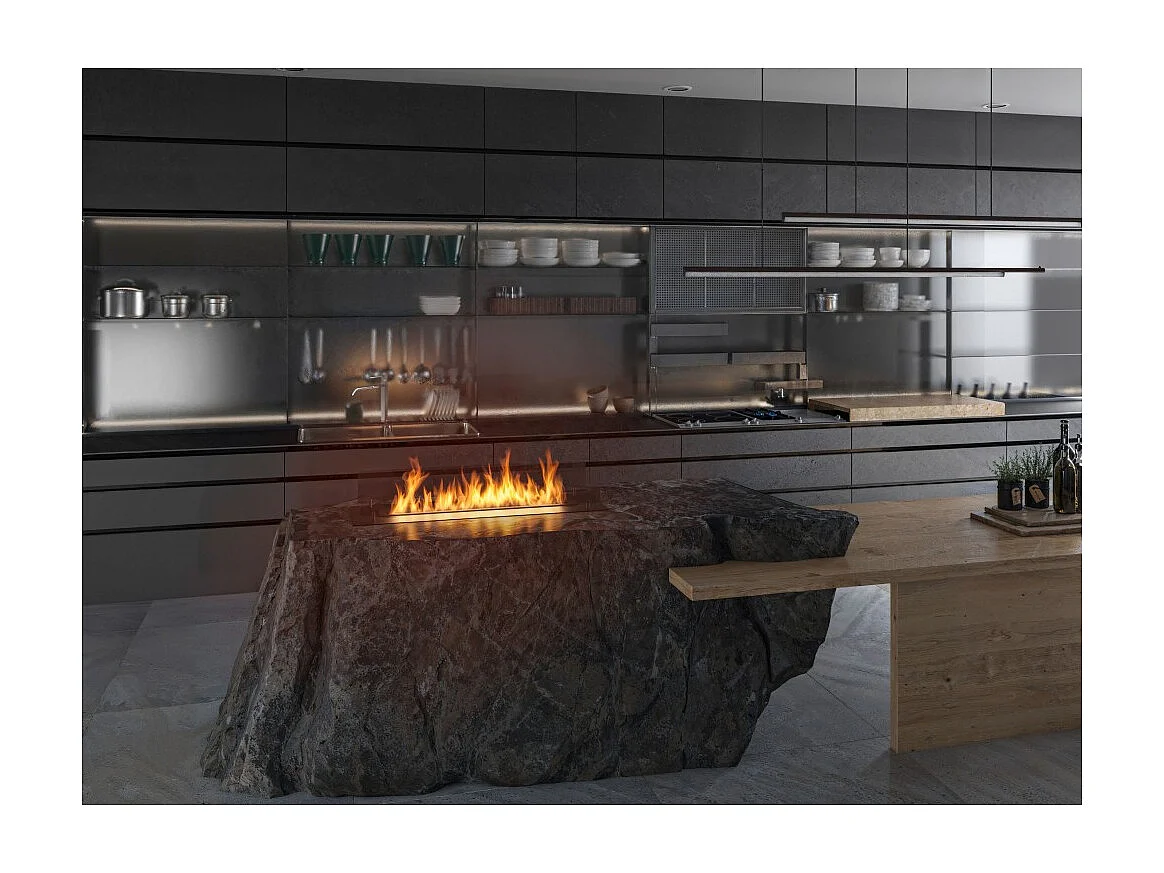 Cheminée bioéthanol noire mince à encastrer ou à poser Insert Black 1000 avec deux panneaux vitrés et réservoir de 2 L - 100 cm