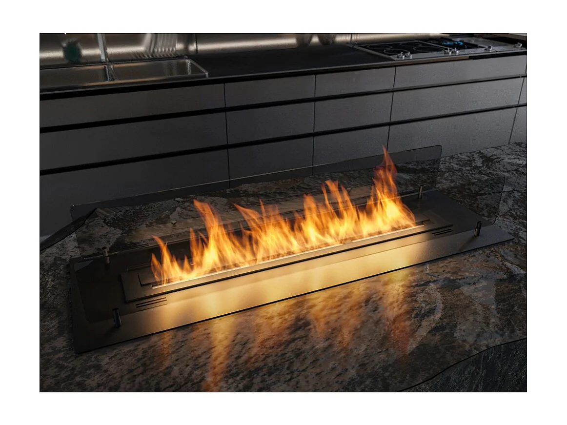 Cheminée bioéthanol noire mince à encastrer ou à poser Insert Black 1000 avec deux panneaux vitrés et réservoir de 2 L - 100 cm