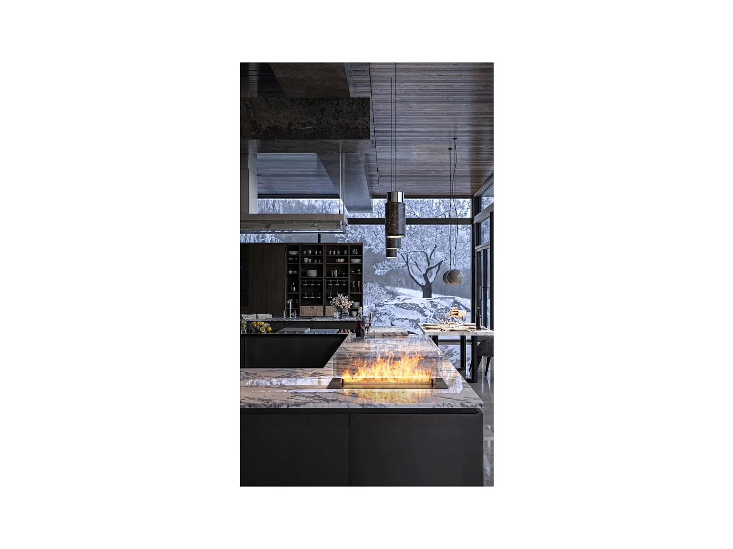 Cheminée bioéthanol Insert Black 600 - Cheminée fine noire à encastrer ou poser avec 2 panneaux verre, réservoir 1L - 60 cm