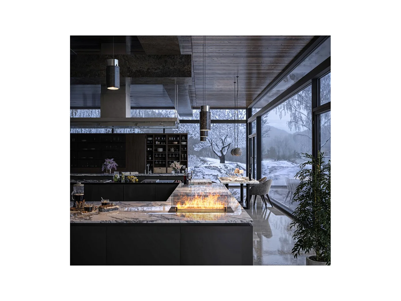 Cheminée bioéthanol Insert Black 600 - Cheminée fine noire à encastrer ou poser avec 2 panneaux verre, réservoir 1L - 60 cm