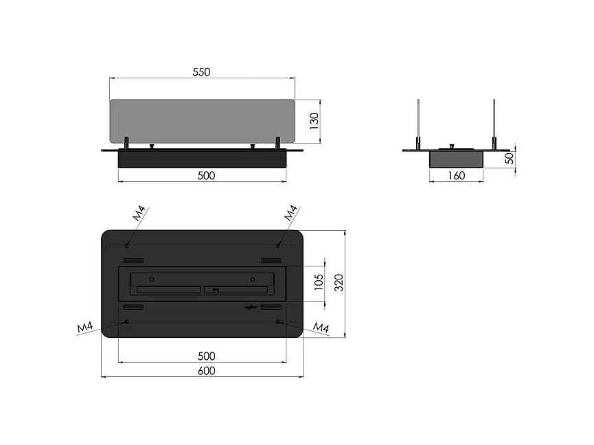 Cheminée bioéthanol Insert Black 600 - Cheminée fine noire à encastrer ou poser avec 2 panneaux verre, réservoir 1L - 60 cm