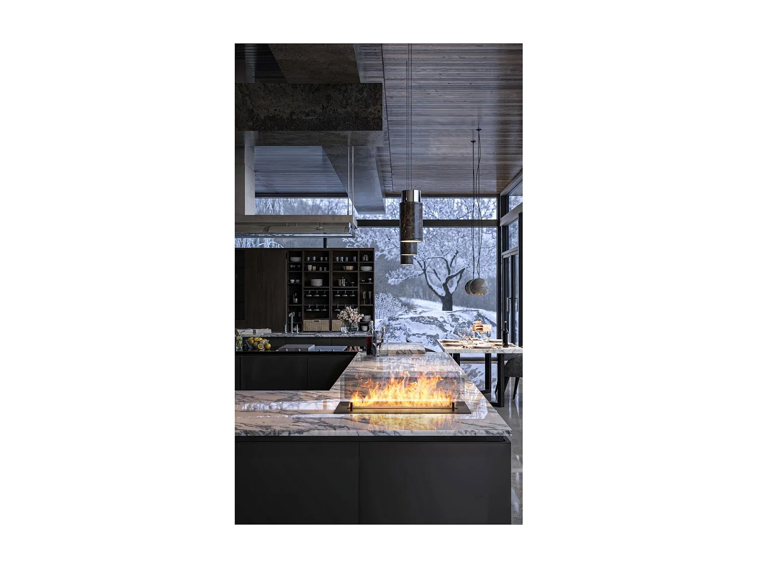 Cheminée bioéthanol Insert Black 600 - Cheminée fine noire à encastrer ou poser avec 2 panneaux verre, réservoir 1L - 60 cm