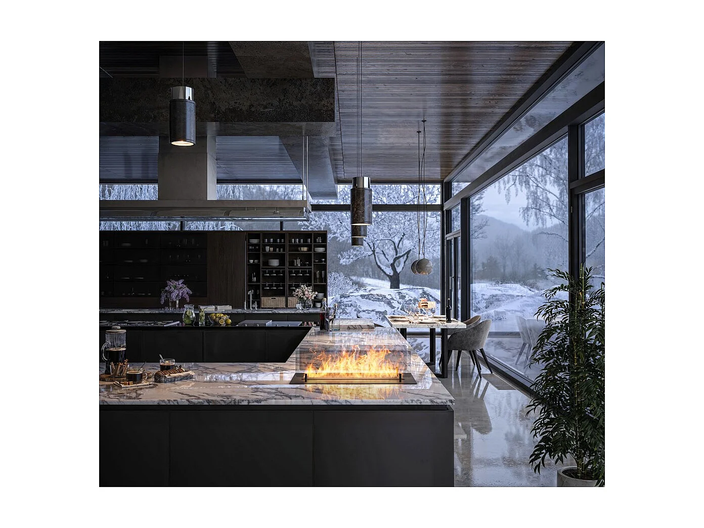 Cheminée bioéthanol Insert Black 600 - Cheminée fine noire à encastrer ou poser avec 2 panneaux verre, réservoir 1L - 60 cm