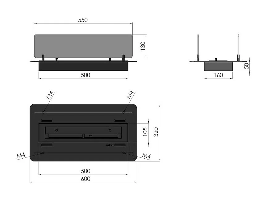 Cheminée bioéthanol Insert Black 600 - Cheminée fine noire à encastrer ou poser avec 2 panneaux verre, réservoir 1L - 60 cm