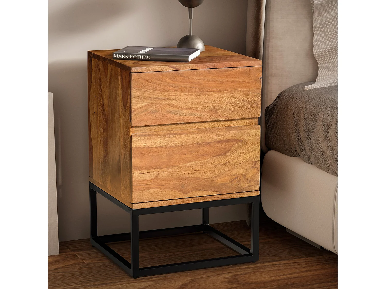 Nachttisch Sheesham Massivholz Metall 40x38x60 cm Nachtschrank Boxspringbett, Design Nachtkonsole