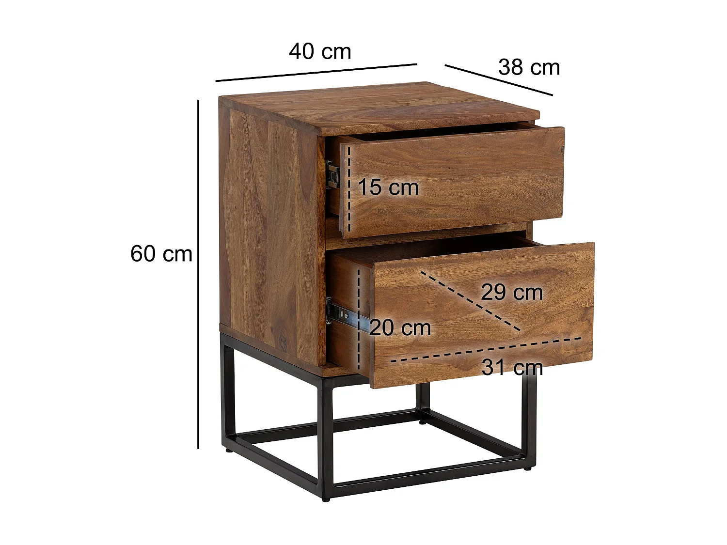 Nachttisch Sheesham Massivholz Metall 40x38x60 cm Nachtschrank Boxspringbett, Design Nachtkonsole
