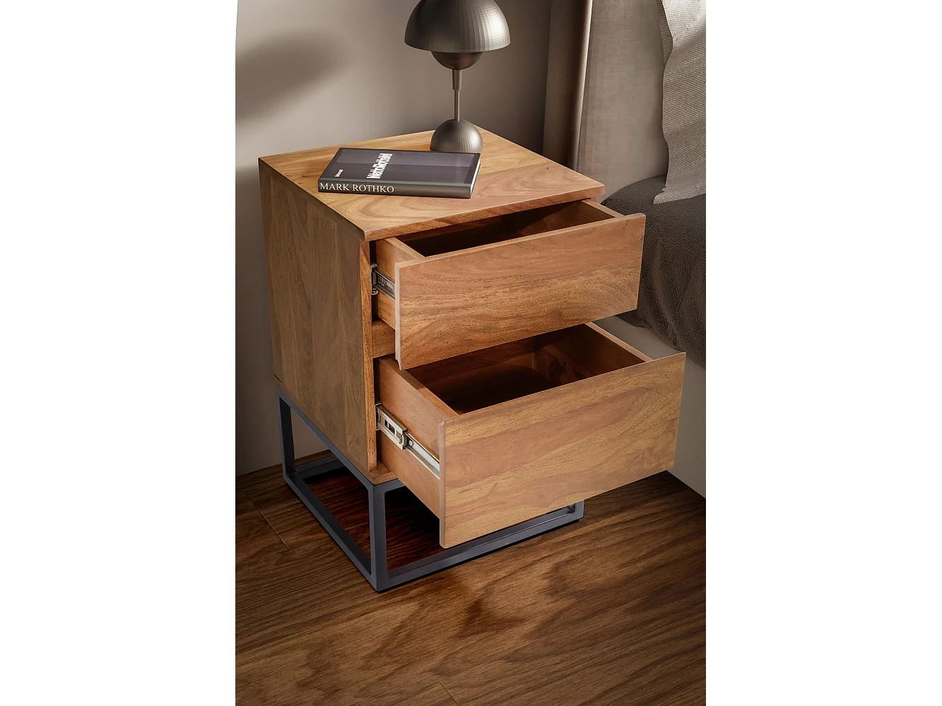 Nachttisch Sheesham Massivholz Metall 40x38x60 cm Nachtschrank Boxspringbett, Design Nachtkonsole