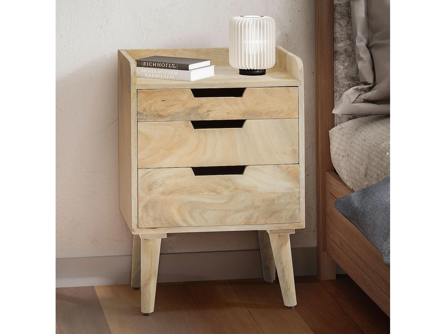 Nachttisch Mango Massivholz Hellbraun 45x33x63 cm Nachtschrank Boxspringbett, Design Nachtkonsole