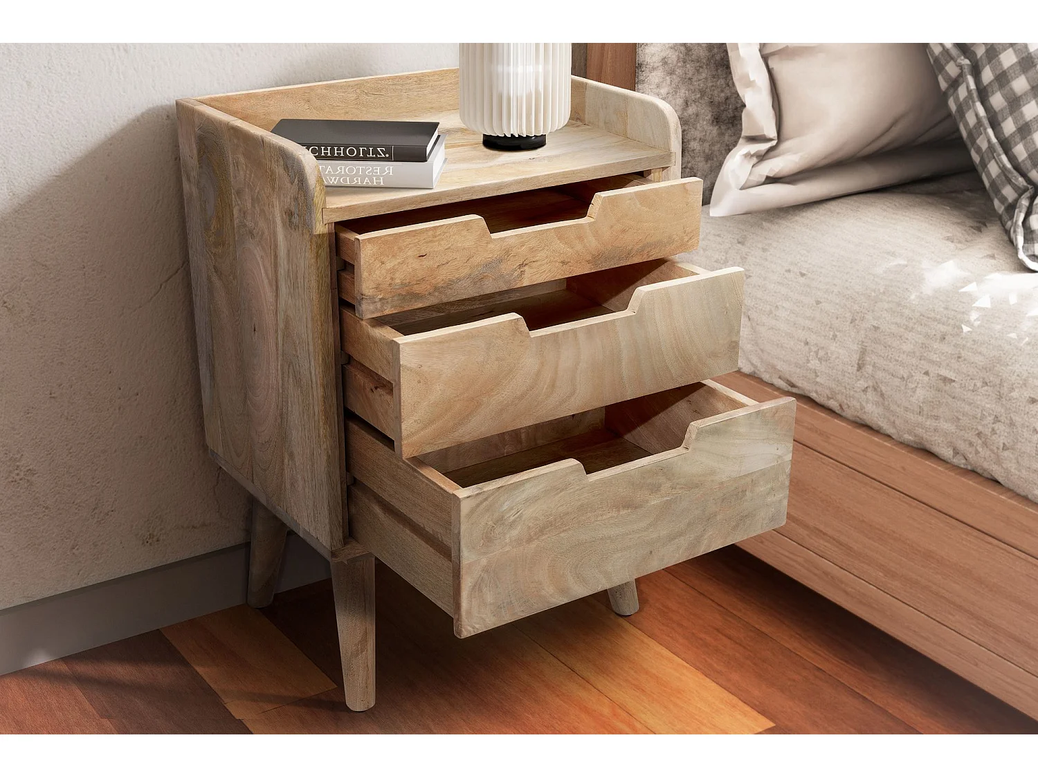 Nachttisch Mango Massivholz Hellbraun 45x33x63 cm Nachtschrank Boxspringbett, Design Nachtkonsole