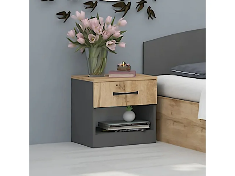 Comodino moderno con cassetto e vano a giorno 40x40 cm rovere e antracite CGA1