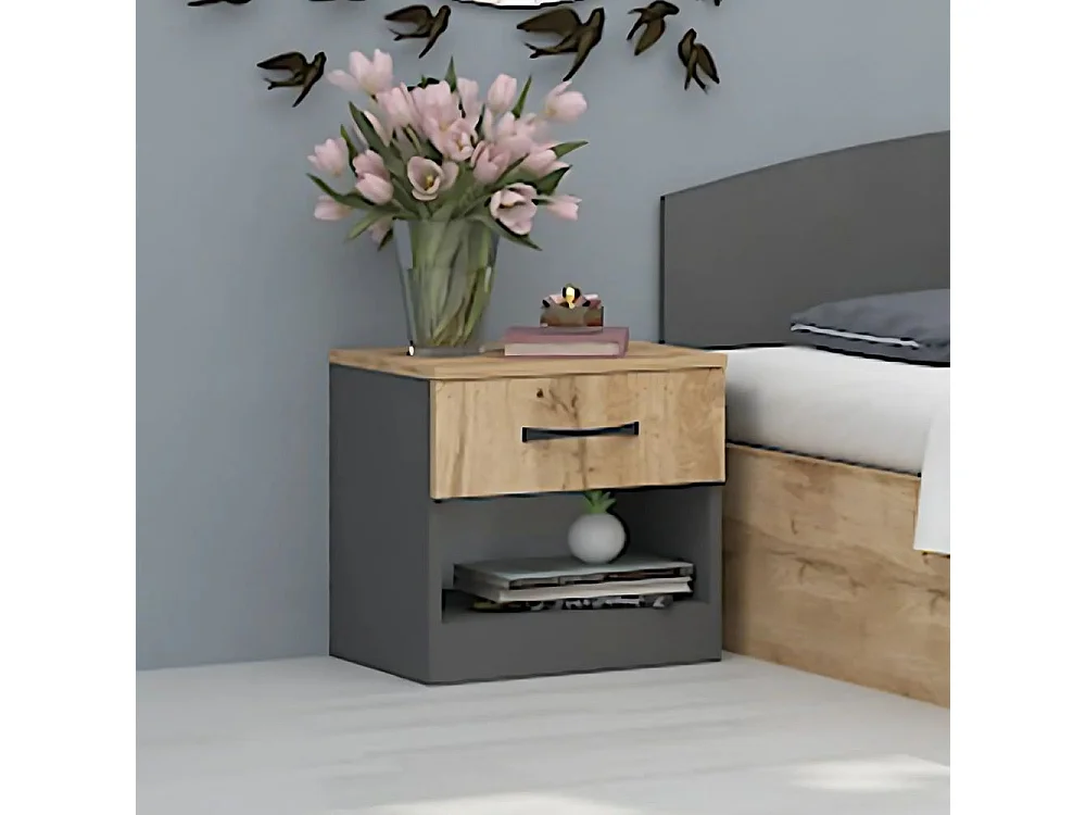 Comodino moderno con cassetto e vano a giorno 40x40 cm rovere e antracite CGA1