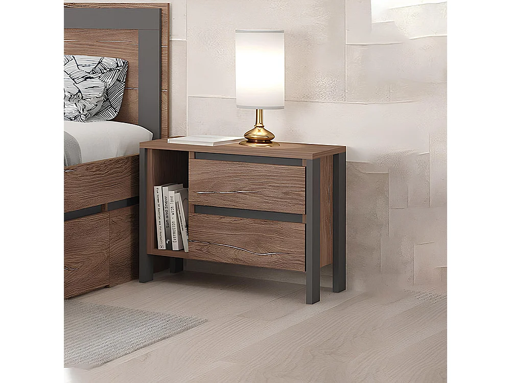 Comodino moderno con 2 cassetti e vano a giorno in marrone e antracite CGA6