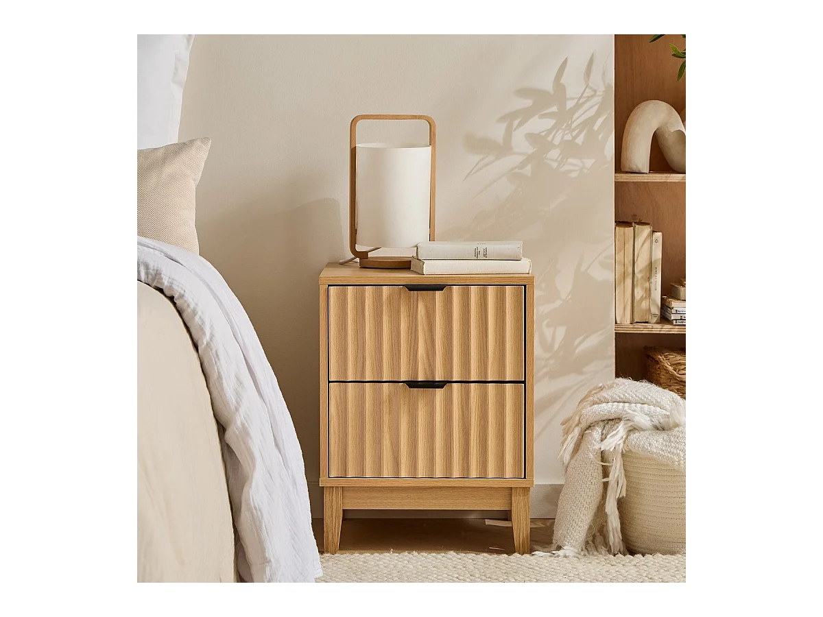 Table de chevet avec 2 tiroirs aux façades effet vague H52 cm - BOLOGNE