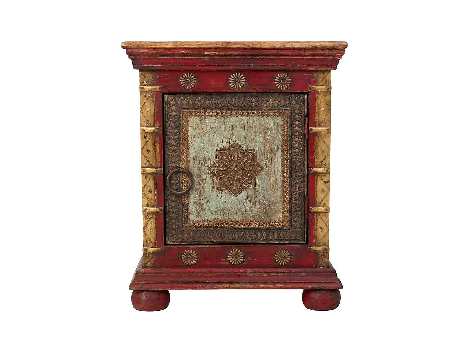 Mesa de cabeceira em madeira trabalhada artesanalmente, multicolorida, 50x40x59h cm