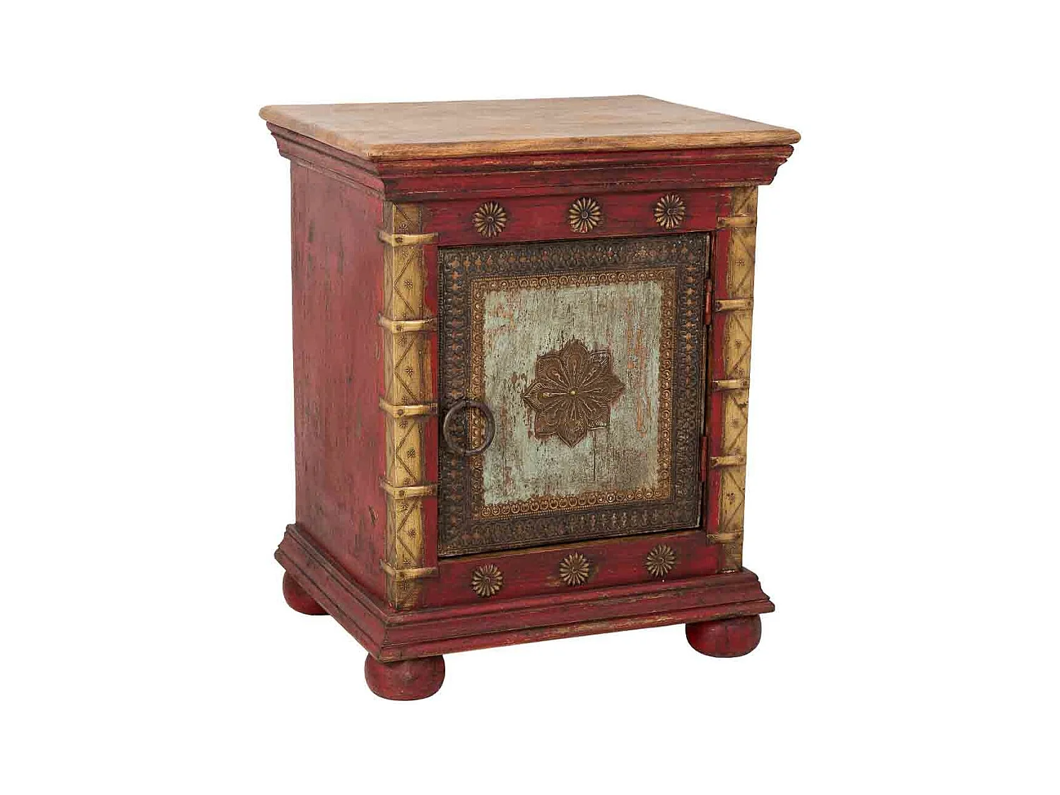 Mesa de cabeceira em madeira trabalhada artesanalmente, multicolorida, 50x40x59h cm