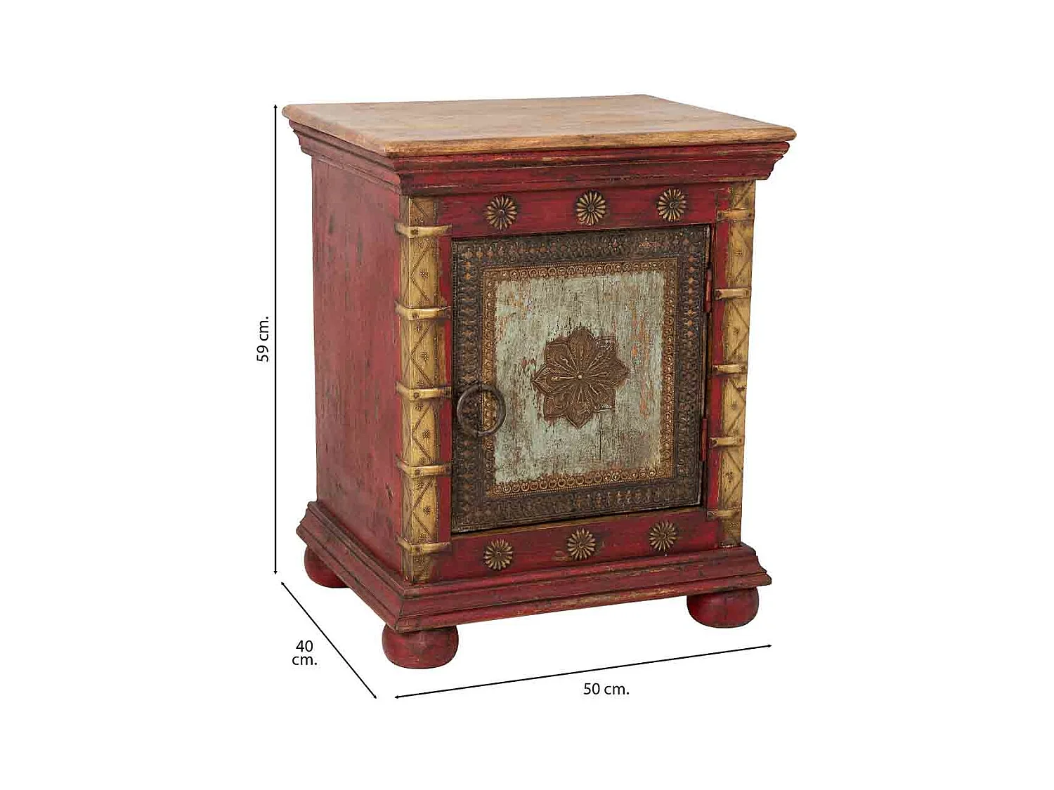 Mesa de cabeceira em madeira trabalhada artesanalmente, multicolorida, 50x40x59h cm