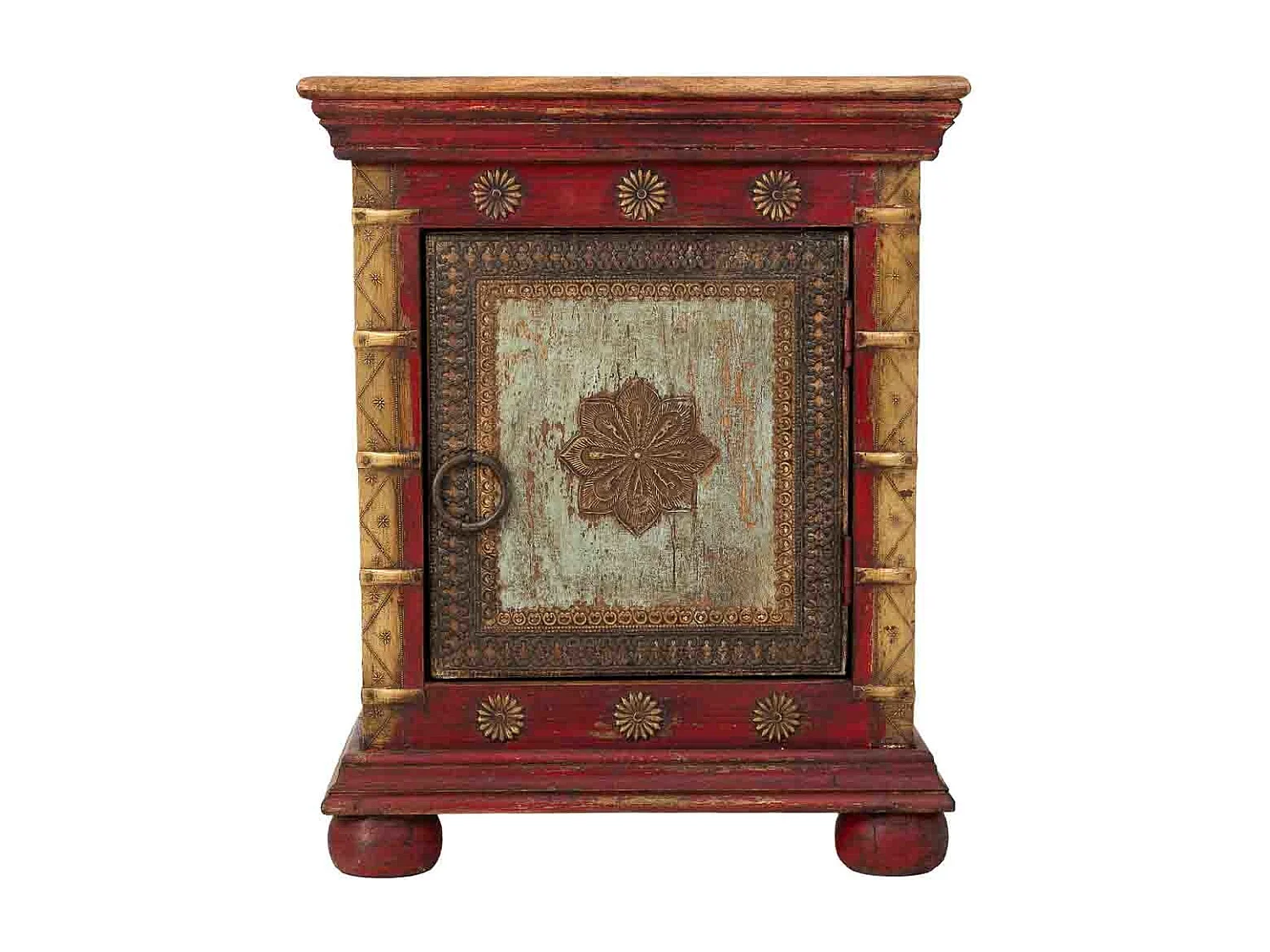 Mesa de cabeceira em madeira trabalhada artesanalmente, multicolorida, 50x40x59h cm