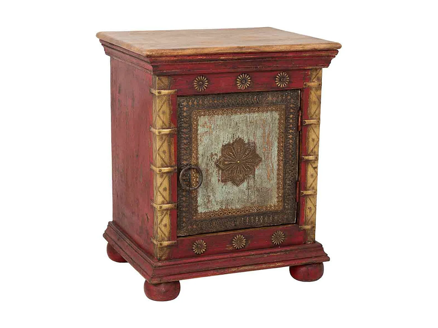 Mesa de cabeceira em madeira trabalhada artesanalmente, multicolorida, 50x40x59h cm