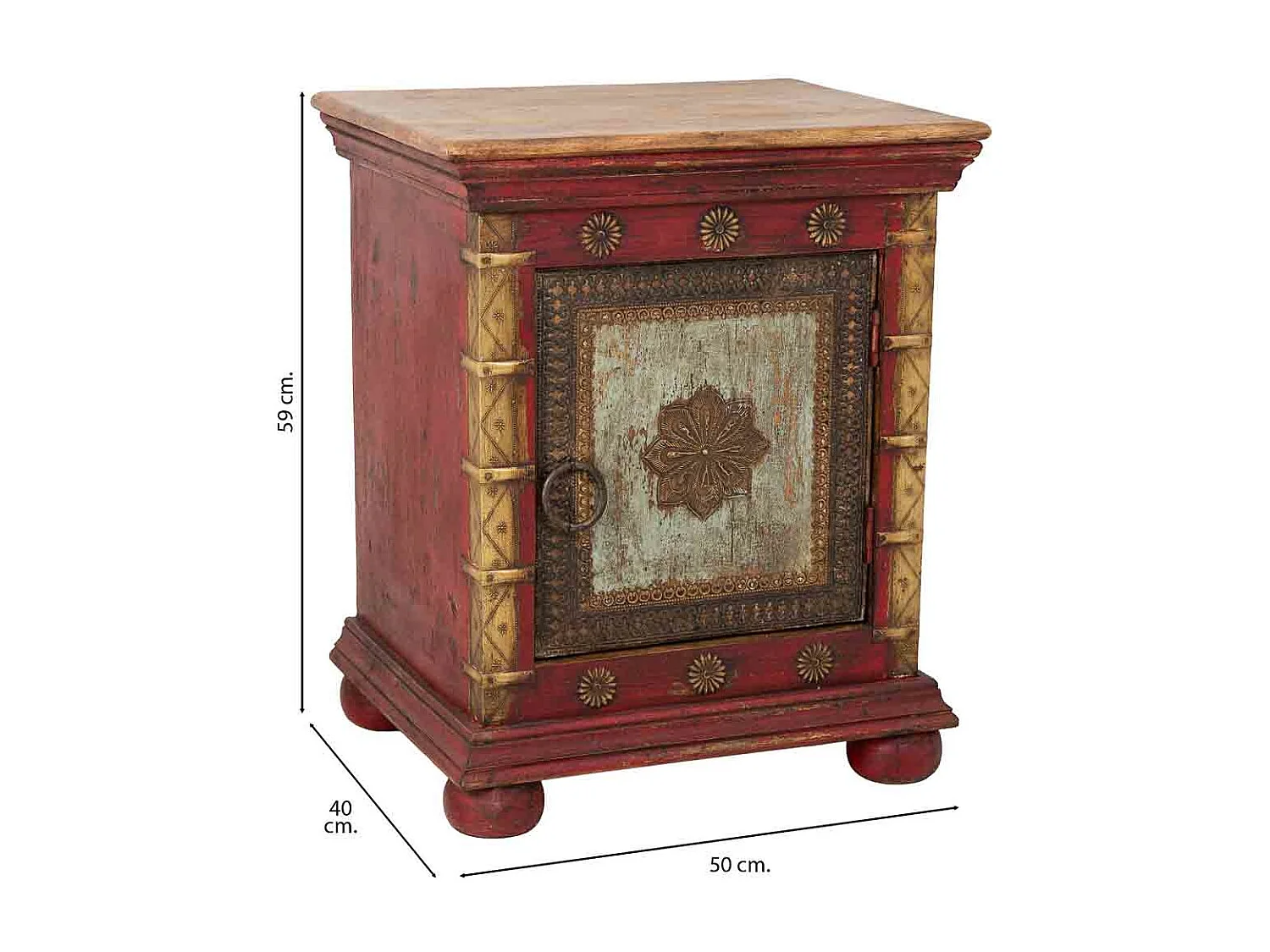 Mesa de cabeceira em madeira trabalhada artesanalmente, multicolorida, 50x40x59h cm