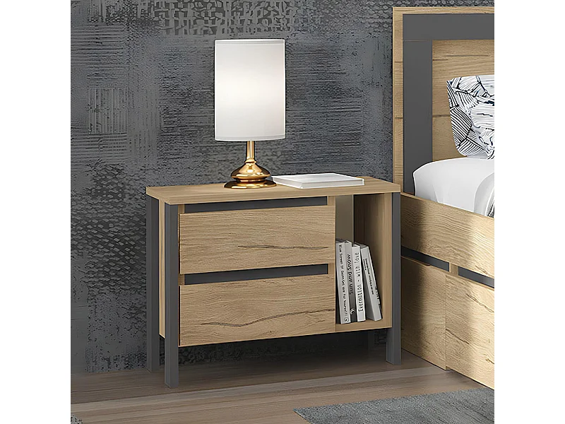 Comodino moderno con 2 cassetti e vano a giorno in rovere e antracite CGA6