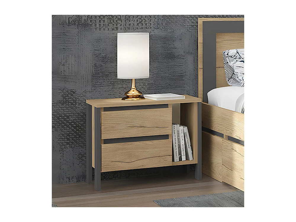 Comodino moderno con 2 cassetti e vano a giorno in rovere e antracite CGA6