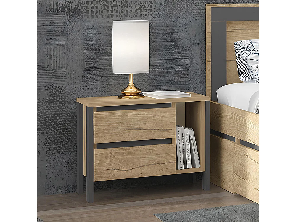 Comodino moderno con 2 cassetti e vano a giorno in rovere e antracite CGA6