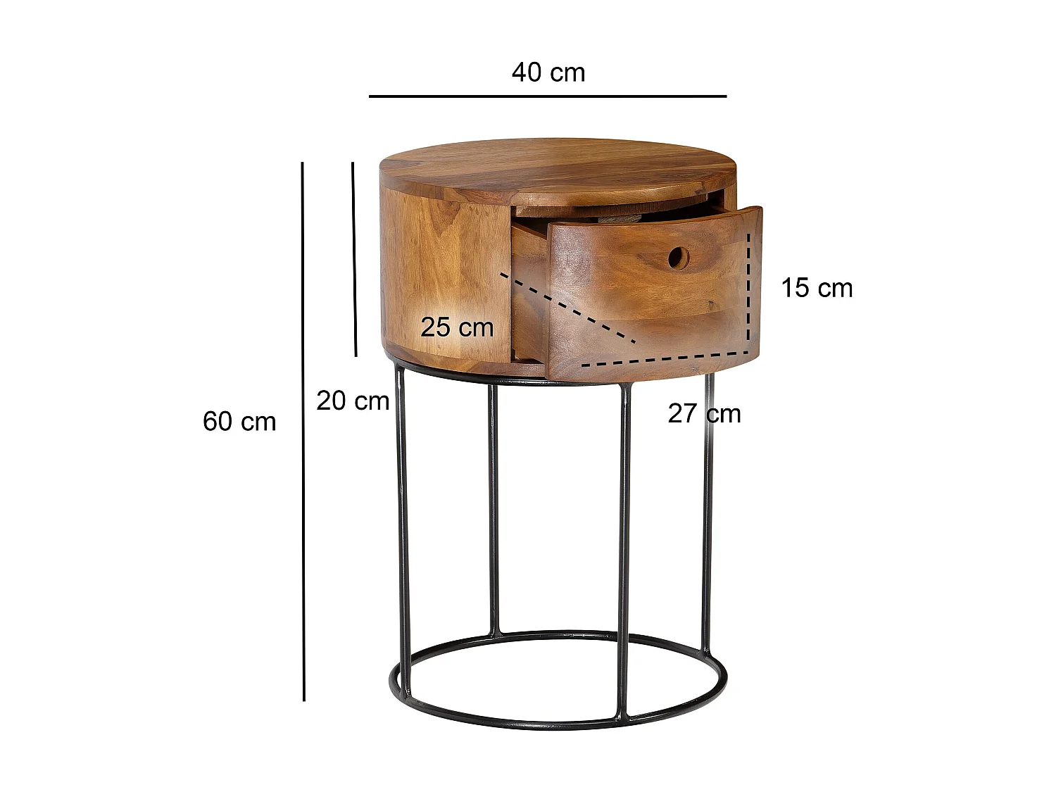 Nachtkonsole Sheesham Massivholz Metall 40x40x60 cm Nachttisch Braun, Design Nachtkommode Rund