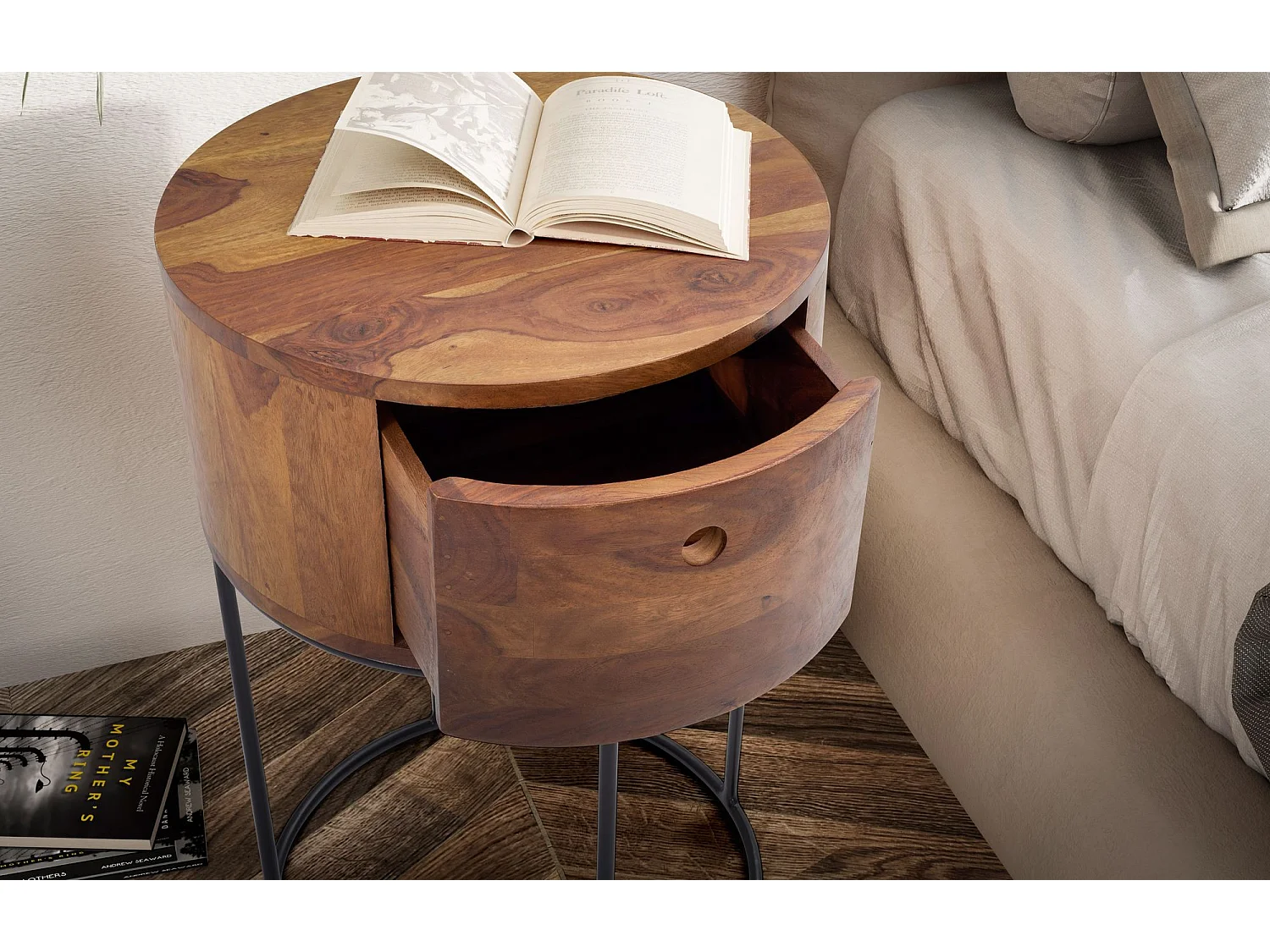 Nachtkonsole Sheesham Massivholz Metall 40x40x60 cm Nachttisch Braun, Design Nachtkommode Rund