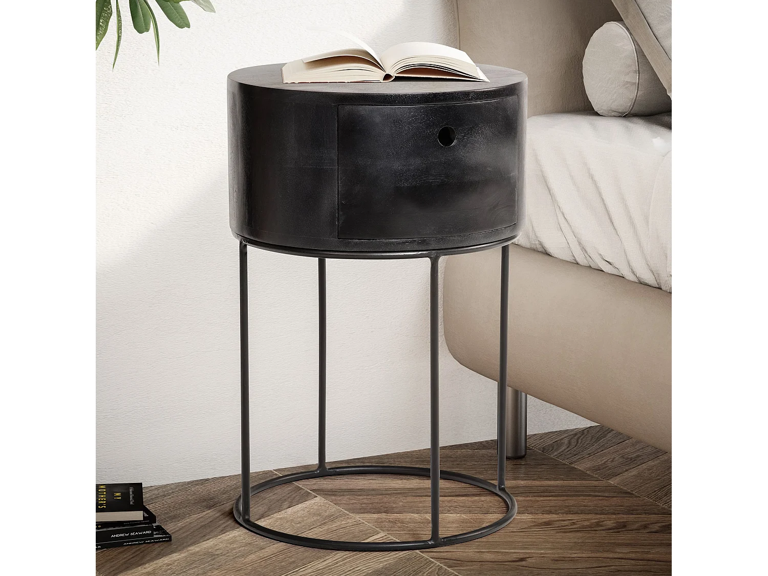 Nachtkonsole Mango Massivholz Metall 40x40x60 cm Nachttisch Schwarz, Design Nachtkommode Rund