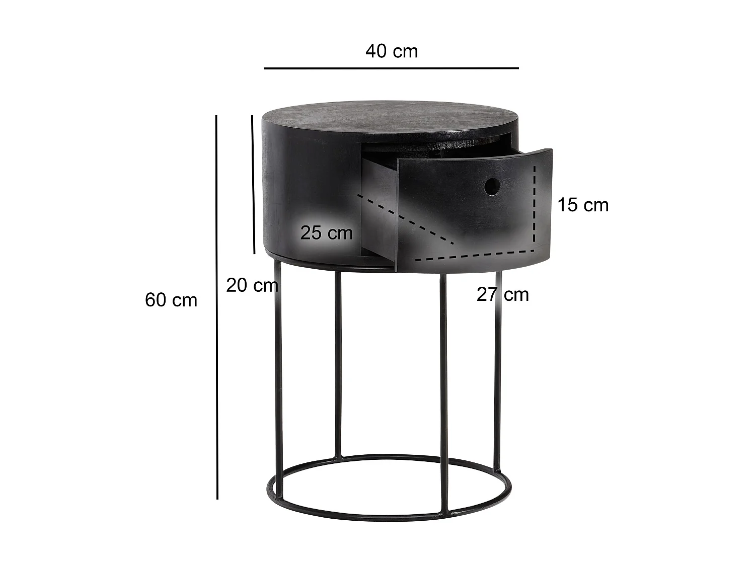 Nachtkonsole Mango Massivholz Metall 40x40x60 cm Nachttisch Schwarz, Design Nachtkommode Rund