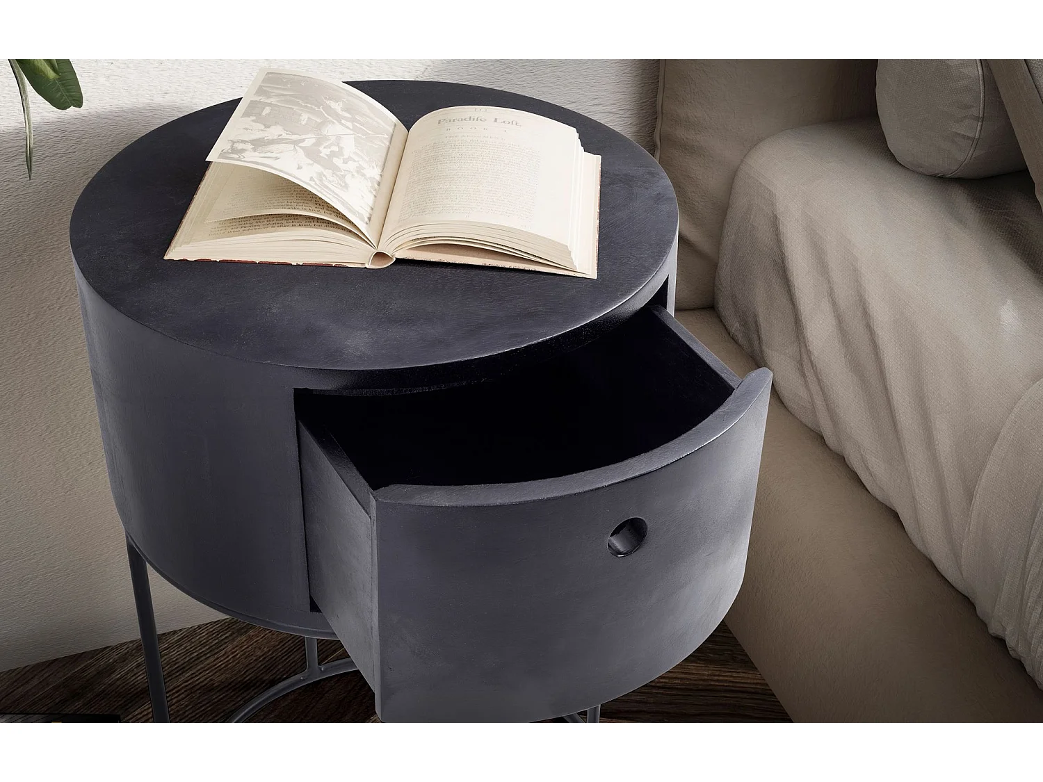 Nachtkonsole Mango Massivholz Metall 40x40x60 cm Nachttisch Schwarz, Design Nachtkommode Rund