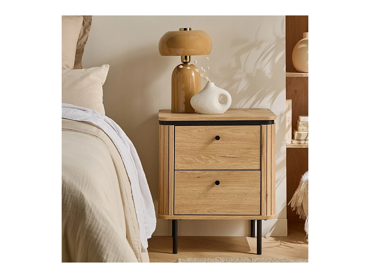 Table de chevet 2 tiroirs avec côtés effet rainuré H55 cm - MALAGA