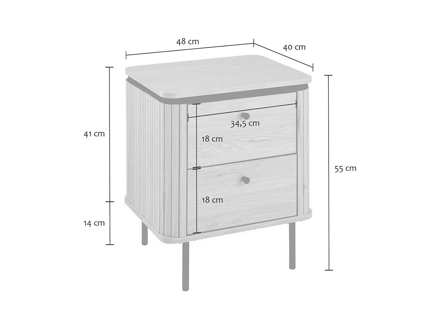 Table de chevet 2 tiroirs avec côtés effet rainuré H55 cm - MALAGA