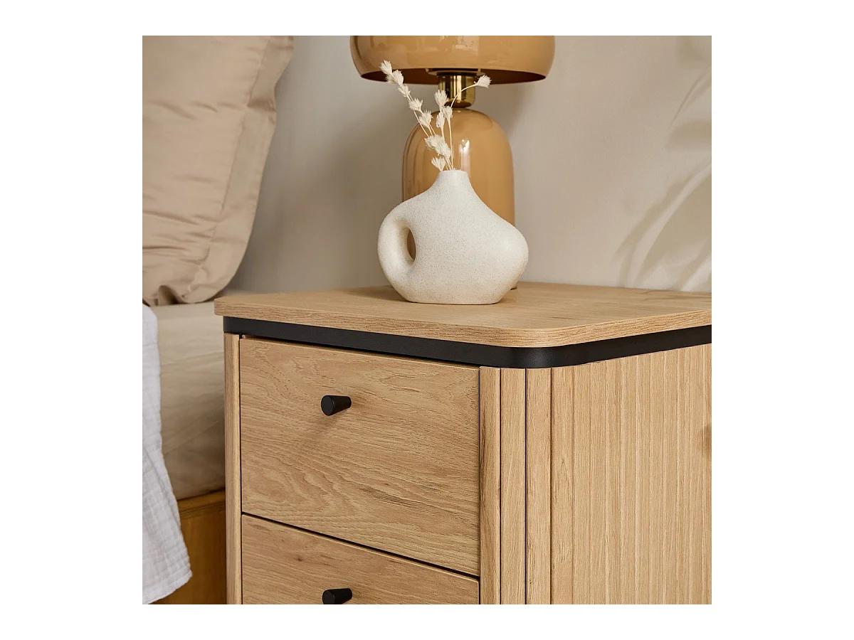 Table de chevet 2 tiroirs avec côtés effet rainuré H55 cm - MALAGA