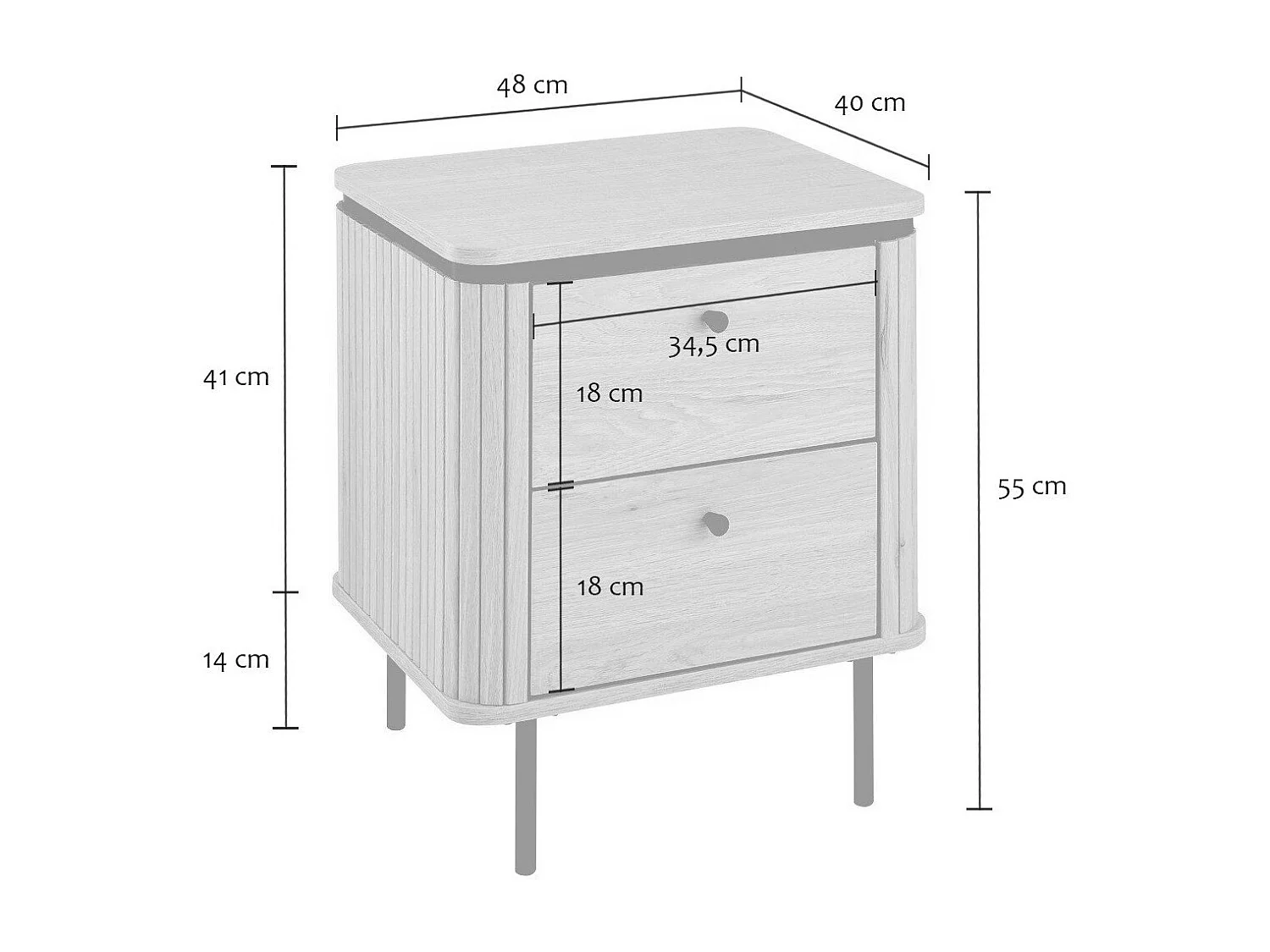 Table de chevet 2 tiroirs avec côtés effet rainuré H55 cm - MALAGA