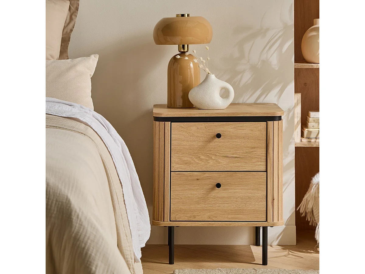Table de chevet 2 tiroirs avec côtés effet rainuré H55 cm - MALAGA