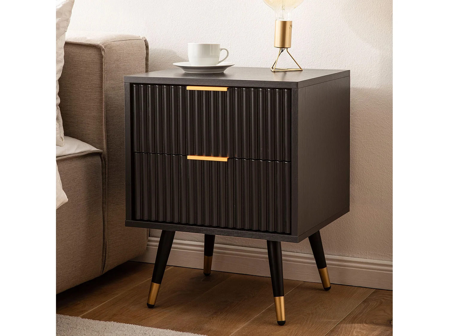 Nachtkonsole Schwarz mit Eiche-Dekor 43,5x39x56 cm Nachttisch Modern, Nachtkommode Boxspringbett