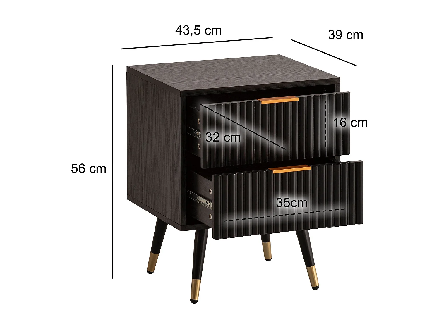 Nachtkonsole Schwarz mit Eiche-Dekor 43,5x39x56 cm Nachttisch Modern, Nachtkommode Boxspringbett