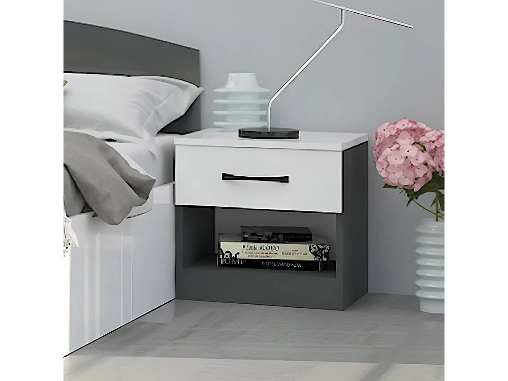 Comodino moderno con cassetto e vano a giorno 40x40 cm bianco lucido e antracite CGA1