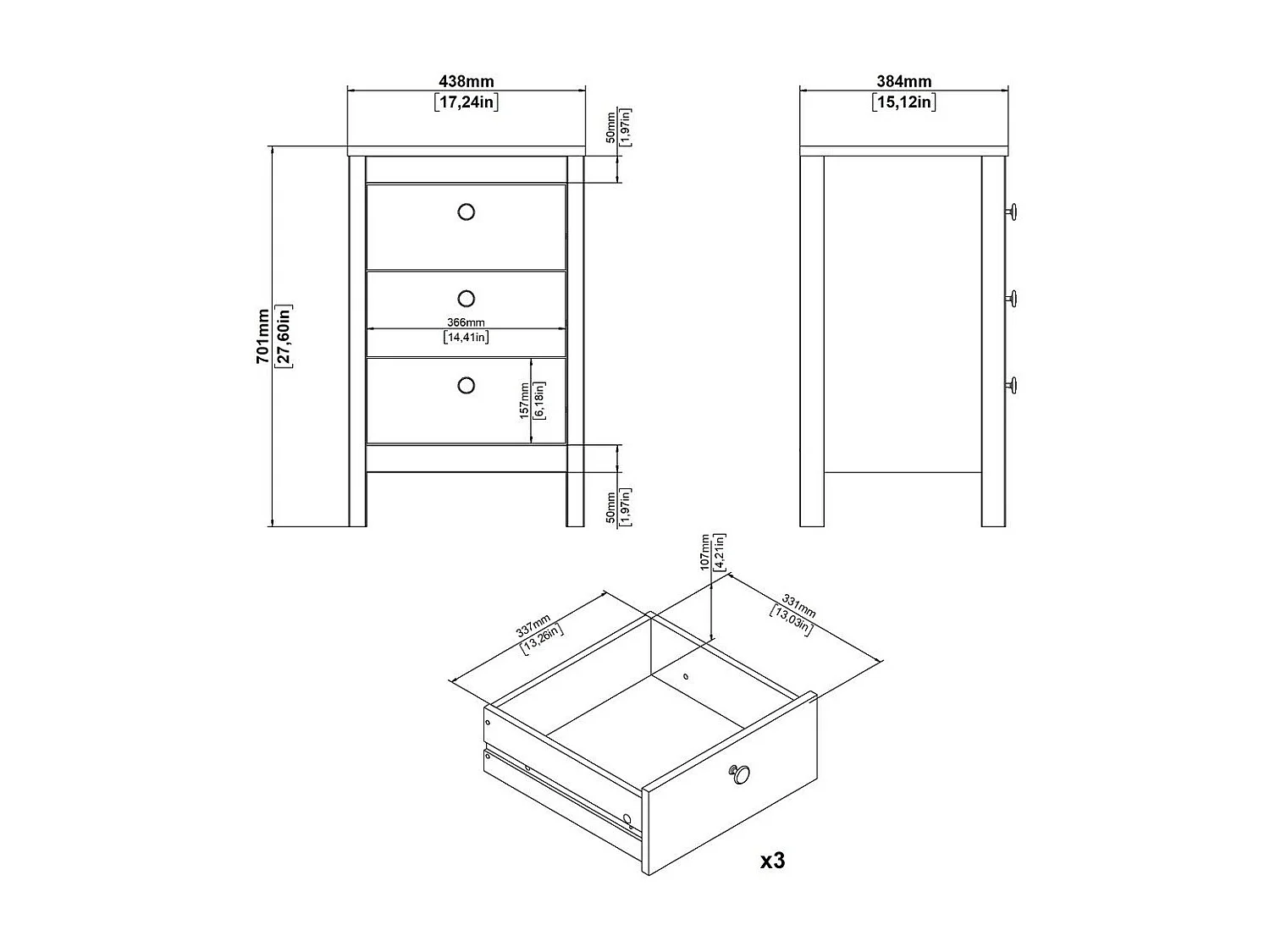 Table de chevet 3 tiroirs noir mat H70,1 cm - BARCELONE
